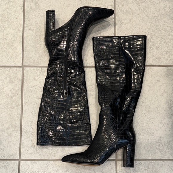 Black Croc-Embossed Knee-High Boots - Picture 2 of 4